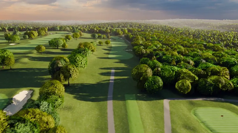 The tenth at River Ridge from the air, the fairway bending left toward a green.